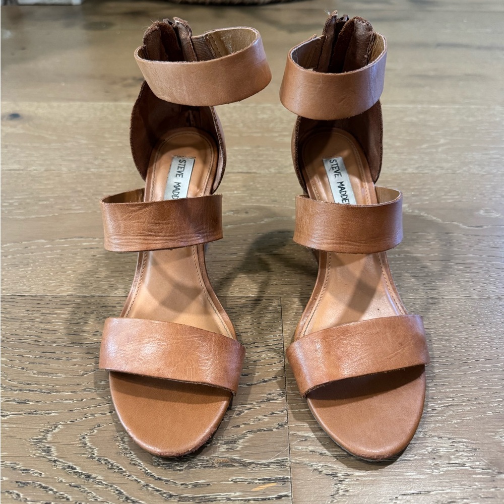 Steve Madden Brown Leather Triple-Strap Ankle Sandals